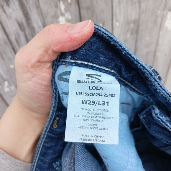 Silver Jeans LOLA Women 29x31 Blue Flare Relaxed Dark Wash Distressed Low Rise - Picture 5 of 5